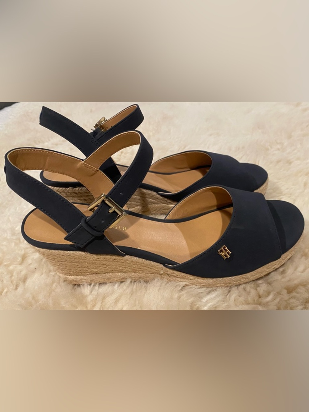 Tommy Hilfiger Navy Espadrille Wedge Sandals with Gold Accents